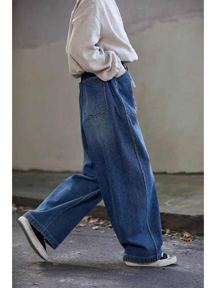 2025新款秋冬海蓝色纯棉加厚宽松休闲文艺阔腿裤松紧腰弯刀牛仔裤详情10