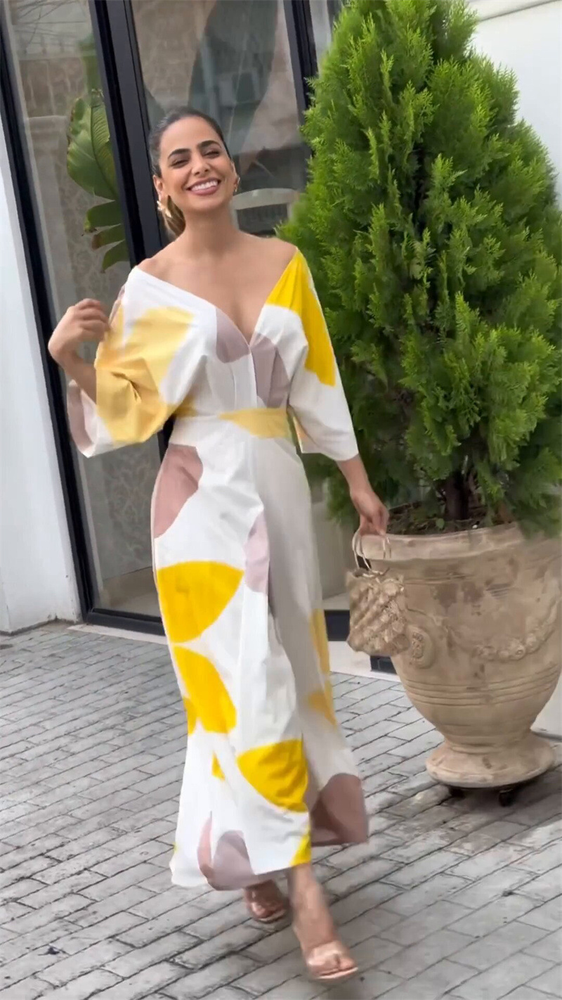 欧美跨境现货女装2024春夏新款时尚气质V领高腰连衣裙印花女长裙详情7