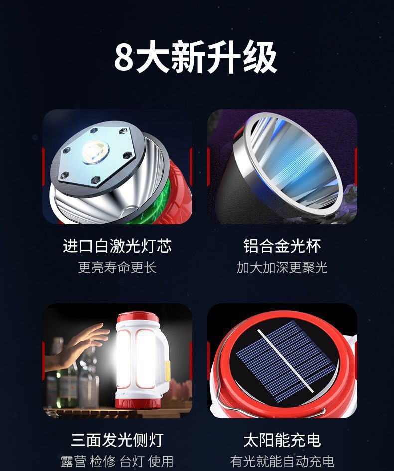 Cross-border high-intensity flashlight charging led outdoor portable lamp emergency camping searchlight solar USB charging pic 3