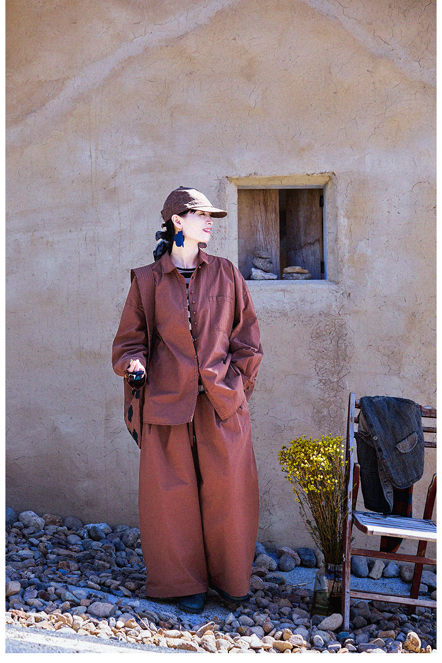 New autumn and winter style, artistic and retro original hazelnut red-brown cotton casual top, high-density, slightly elastic loose shirt for women pic 26