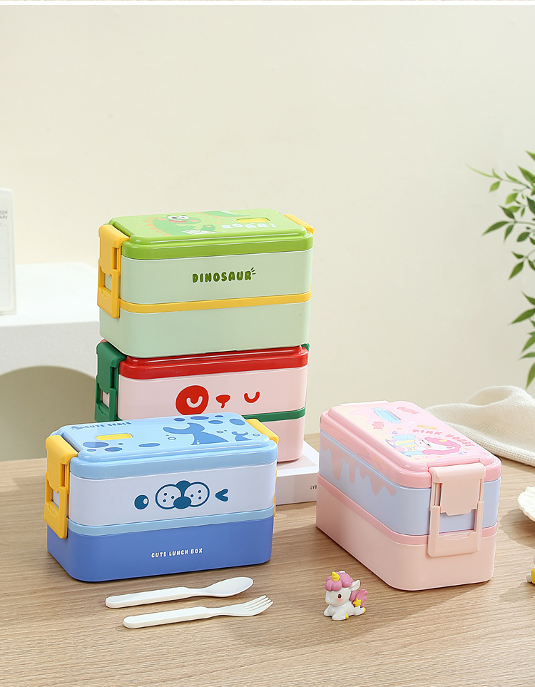 New double-layer cartoon children's lunch box, student portable plastic lunch box, cute compartments lunch box, microwave oven-safe pic 23