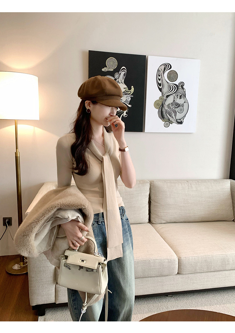 法式别致辣妹V领系带修身短袖针织衫女春夏2025新款气质显瘦上衣详情12
