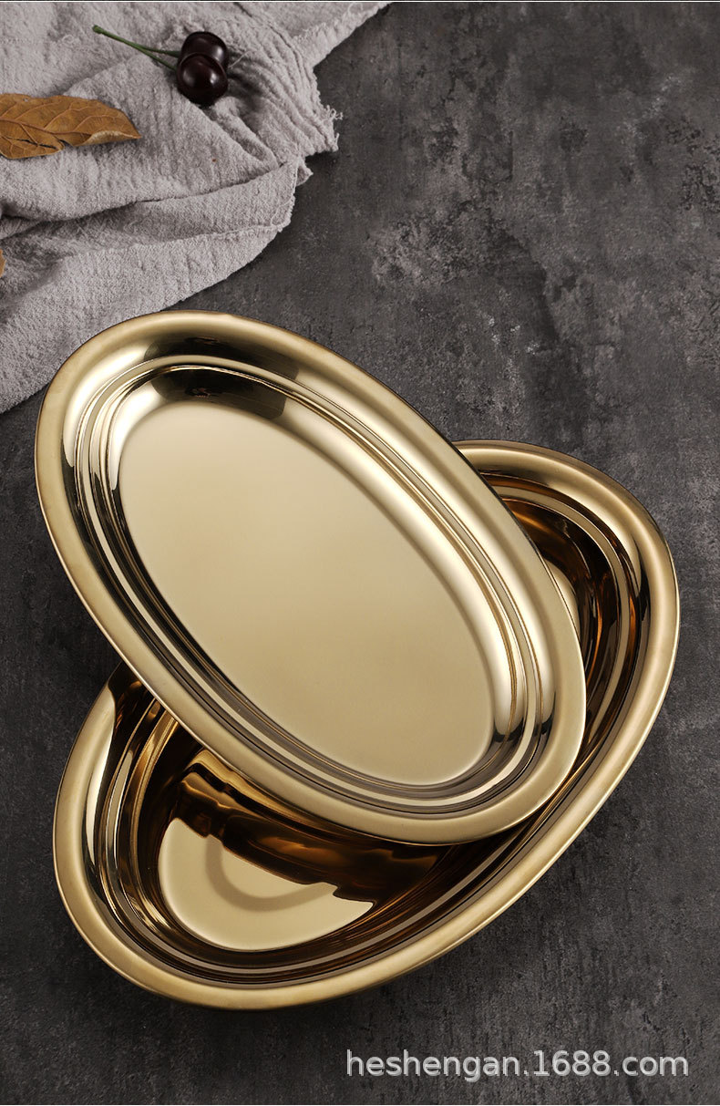 工厂直销不锈钢椭圆盘蛋形蒸鱼盘 韩式金色盘子烧烤肠粉餐盘详情14