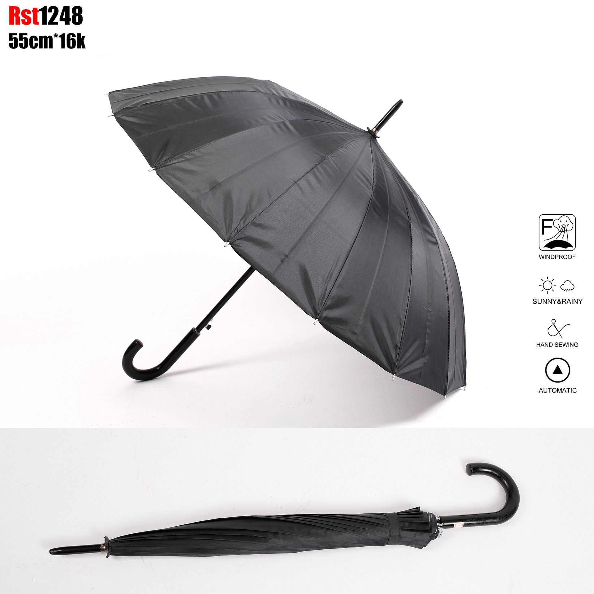 RST1248 foreign trade silver rubber long umbrella 55cm 21-inch 16K umbrella Automatic opening plastic handle black umbrella sun protection pic 4