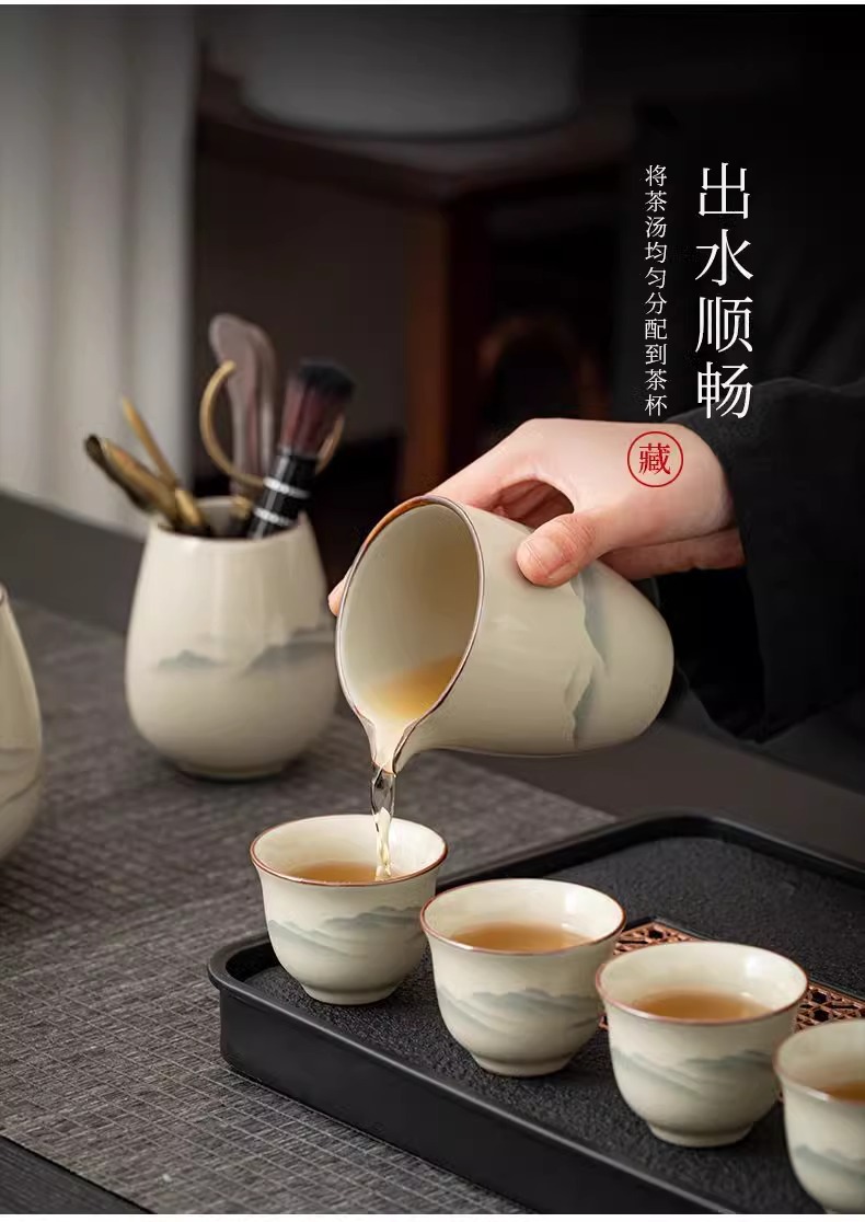 Ru Kiln Gongfu tea set, home living room ceramic tea pot, lid, bowl and tea cup complete set, office high-end tea brewing utensils pic 11