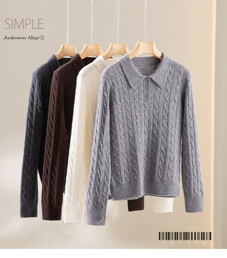 The new autumn and winter style lapel 100% wool cardigan with pit stripes and shell buckles is a versatile sweater for women pic 1