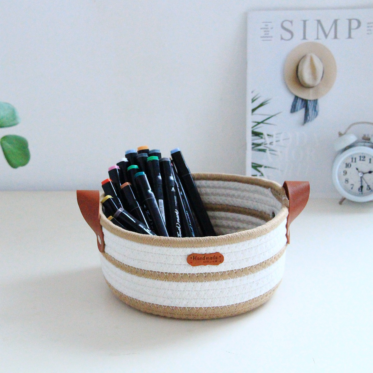Round cotton rope woven storage basket with leather handle, InS-style desktop storage basket, cosmetics and toys storage box, Nordic style pic 18