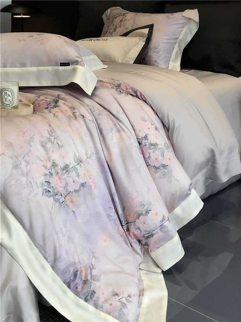 Cool ultra-fine denier Tencel summer light and cool condensation filament four-piece set, elegant printed sweat-absorbing nude bedding pic 15