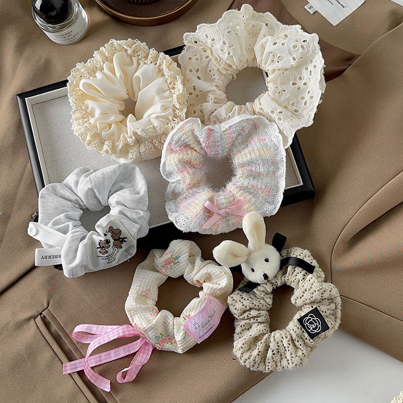 新款秋冬毛绒猪大肠发圈高级感甜美头绳彩虹毛线发圈蝴蝶结发饰女详情2