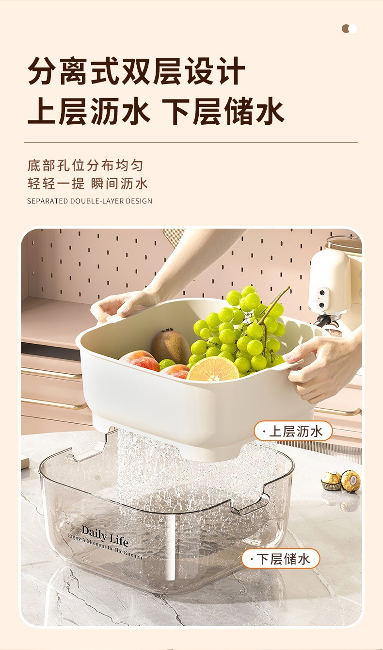 塑料沥水篮厨房用品收纳ins双层洗菜盆沥干篮大容量洗水果洗菜篮详情4