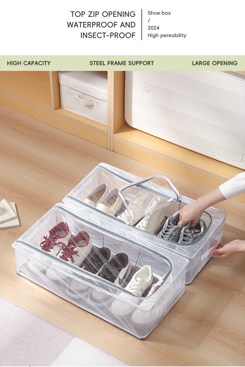 Household transparent shoe storage box, shoe and boot storage box, steel frame, foldable, bed bottom storage, dust-proof shoe box, no installation required pic 7