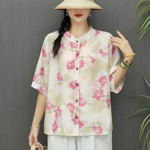 2025 Summer New Style artistic printed cotton and linen shirt, retro loose large size round-neck pullover, elegant T-shirt for women pic 6