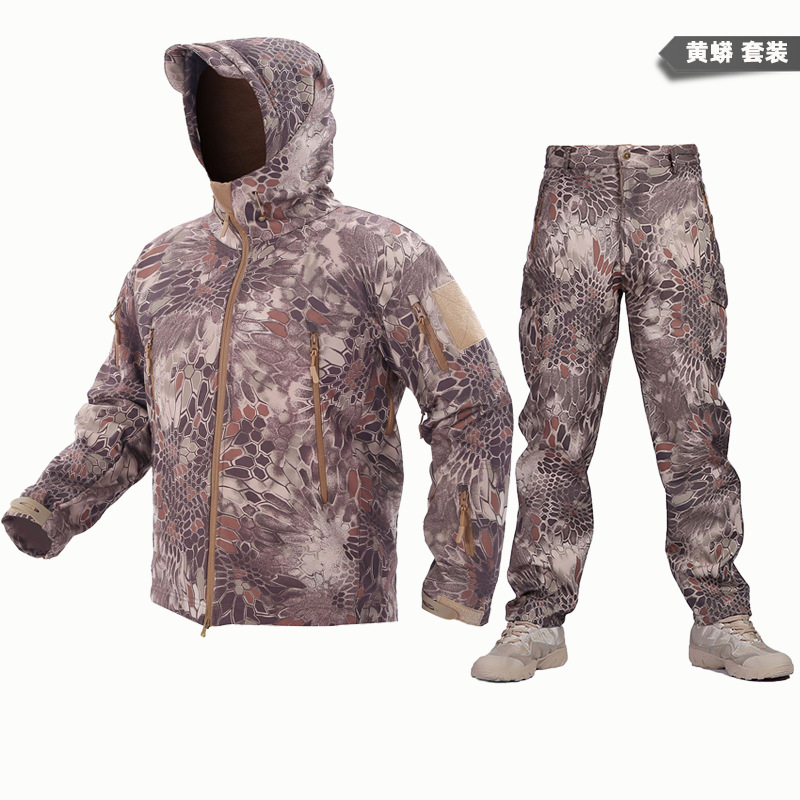 Yitu Tactical Sports Shark Skin Waterproof Soft Shell Down Jacket and Pants Alpha Green Warm Fleece Camouflage Down Jacket Set pic 14