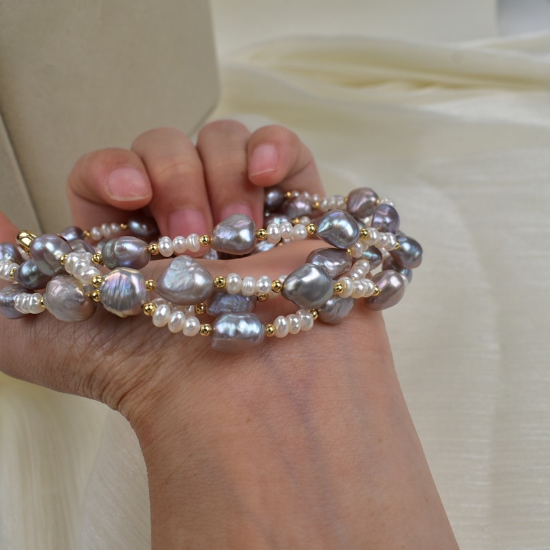 巴洛克珍珠项链女天然淡水真多麻灰毛衣链轻奢高级感原创设计颈链详情11