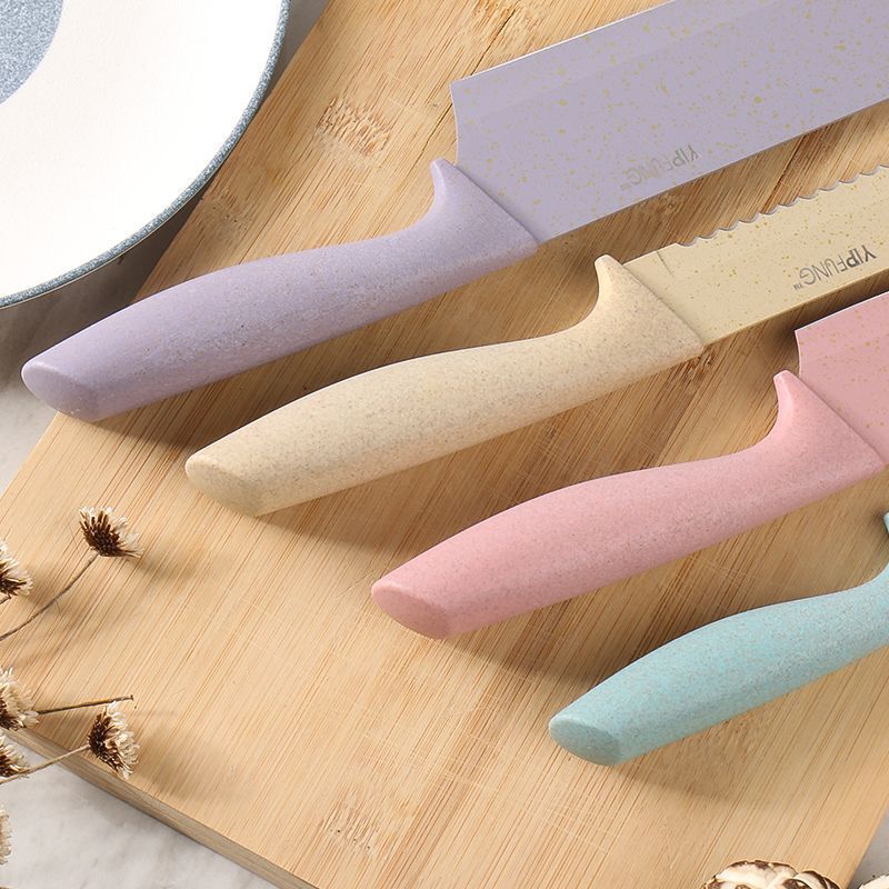 跨境现代不锈钢麦秆六件带刀套马卡龙七彩色厨房刀具套装详情3