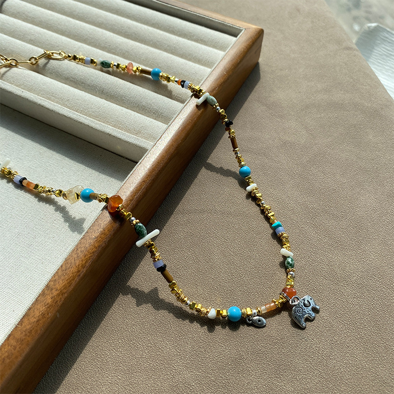 天然石混石小象项链女小众时尚高级感彩色串珠银色大象吊坠锁骨链详情10