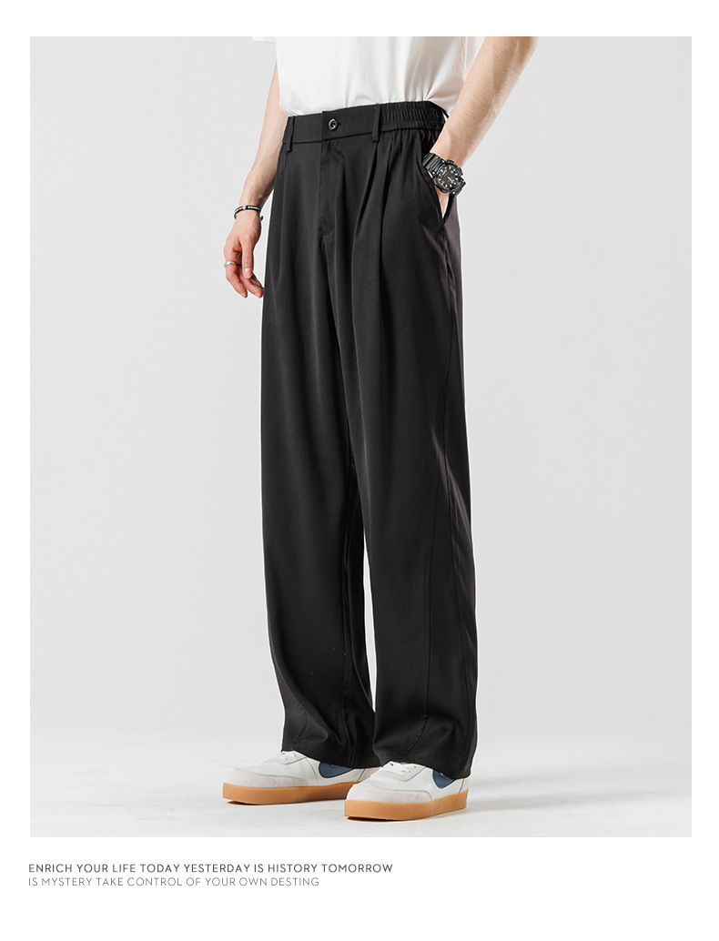 Drapeado casual traje pantalones hombre verano fino hielo seda suelto drapeado sentido marrón premium sentido recto pantalones largos pic 8