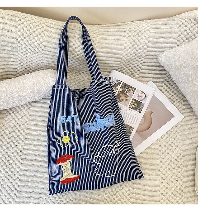 韩版时尚条纹帆布包包女2024新款大容量通勤托特包小众休闲布包详情5