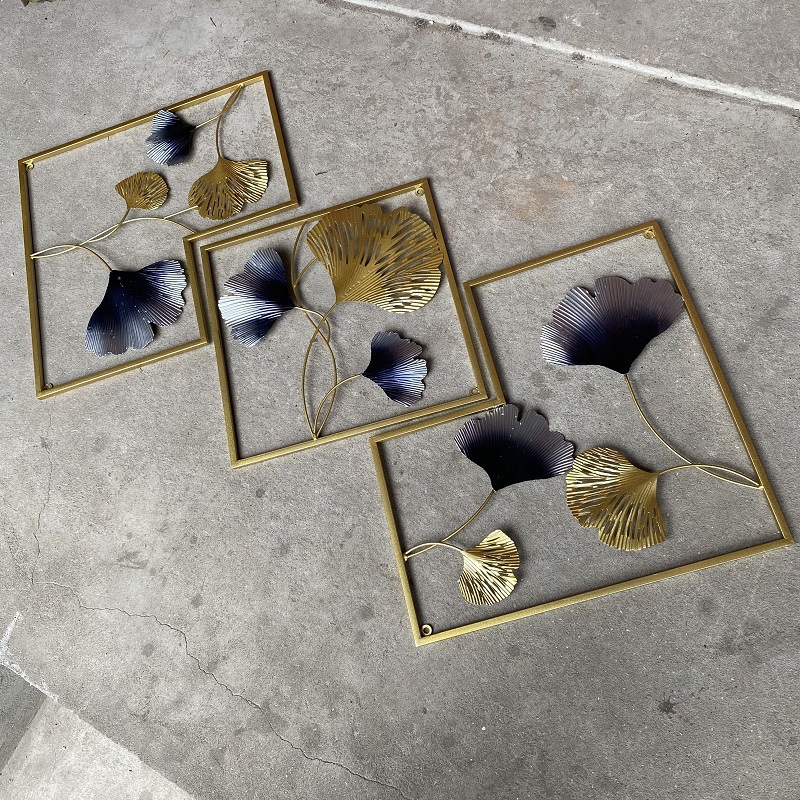 现代简约铁艺金属墙面挂画立体三联组合壁挂跨境热销装饰品银杏叶详情8