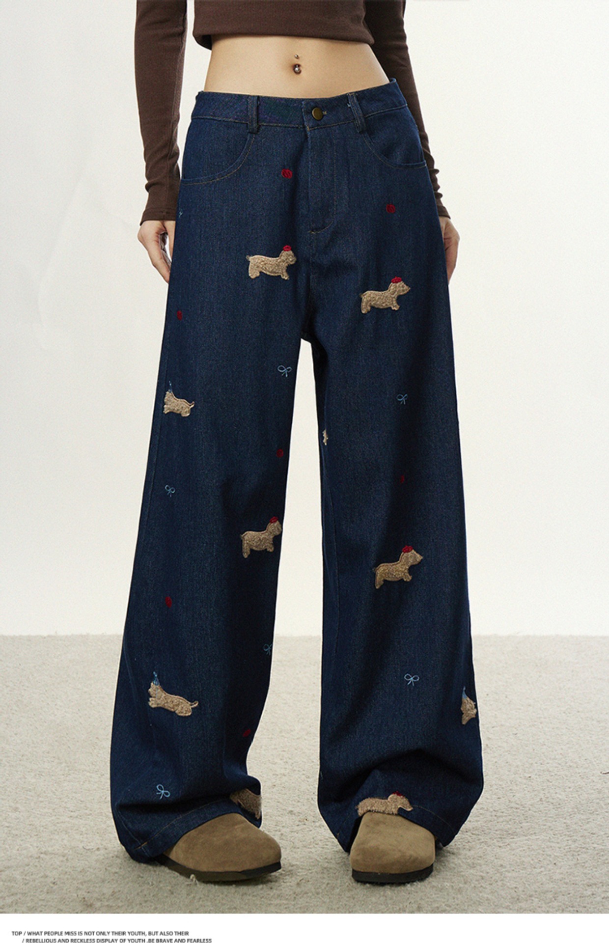 美式复古小狗贴布刺绣牛仔裤男女春秋设计感直筒裤宽松阔腿拖地裤详情3