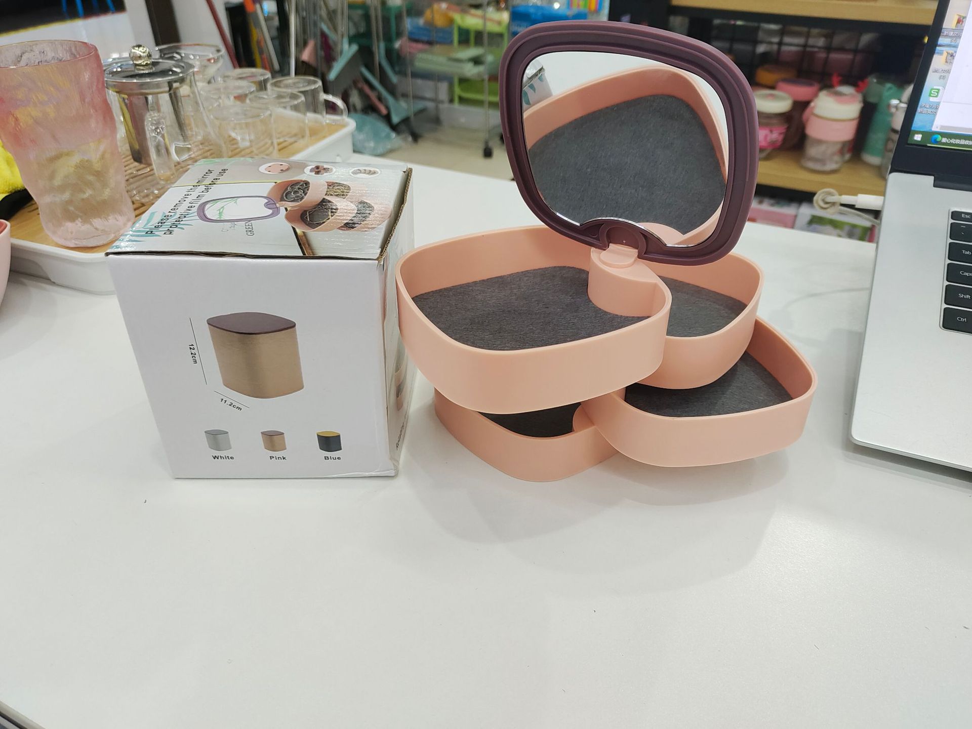 360°旋转带镜子四层绒布首饰盒珠宝饰品分类整理收纳盒跨境热销详情2