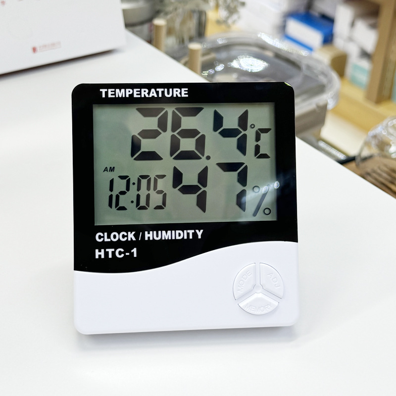 Factory direct supply of HTC-1 indoor electronic thermometer alarm clock, creative home large-screen temperature and humidity meter gift pic 6