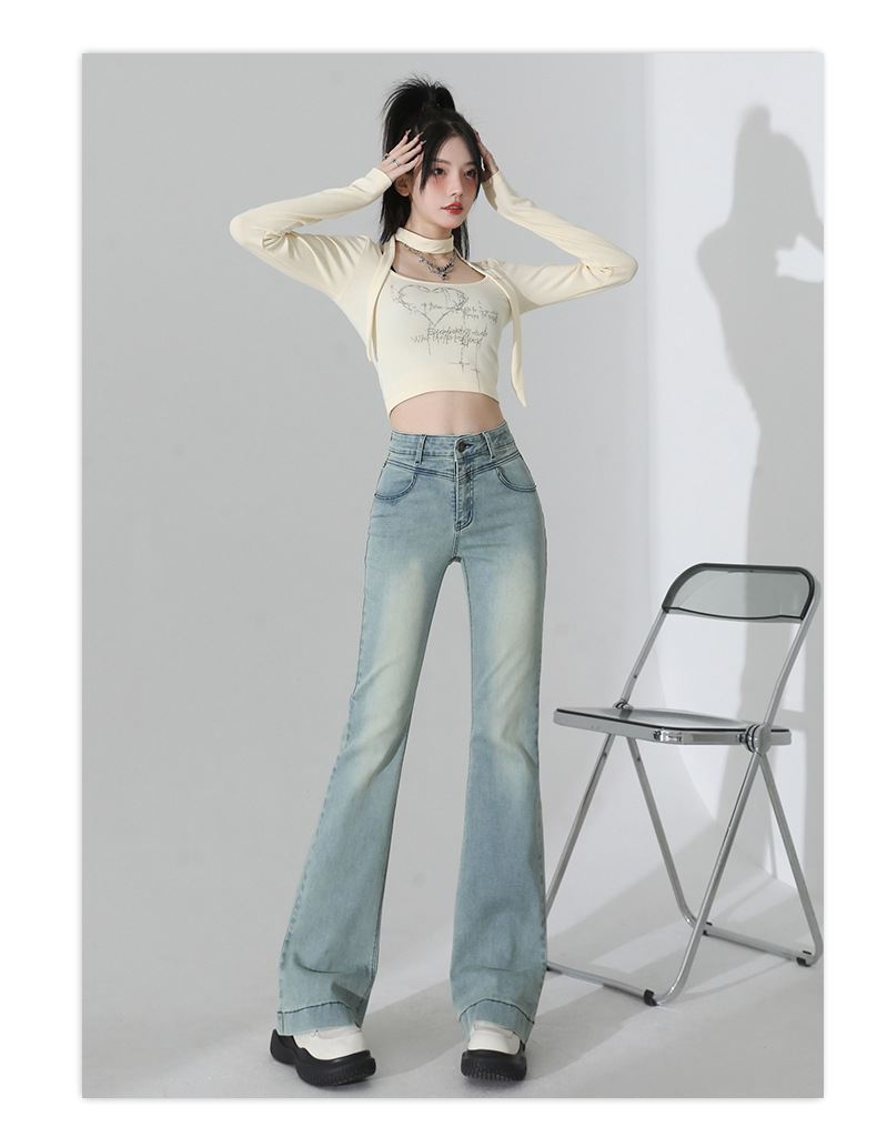 浅蓝色微喇叭牛仔裤女2025年秋季新款高腰设计感弹力小个子喇叭裤详情10