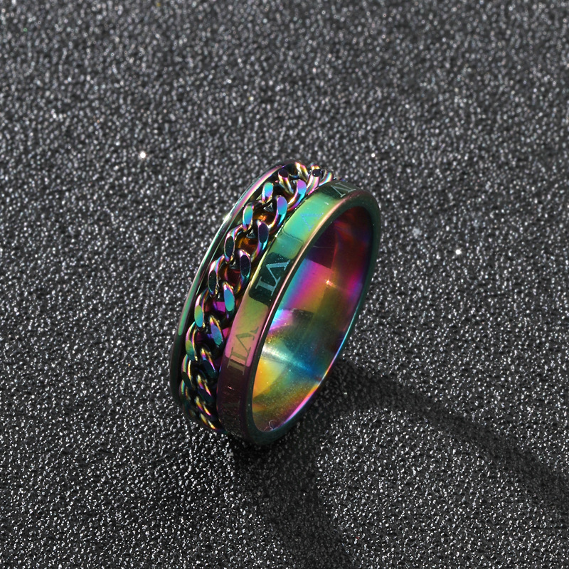 跨境欧美大气不锈钢饰品 打标罗马字可转动链条钛钢戒指 男士厂家详情8