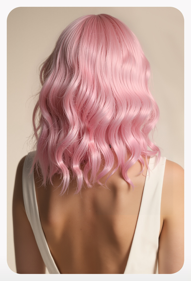 欧美外贸Wigs齐刘海头套假发女棕色粉色橙色Hair化纤短卷发耐高温详情13