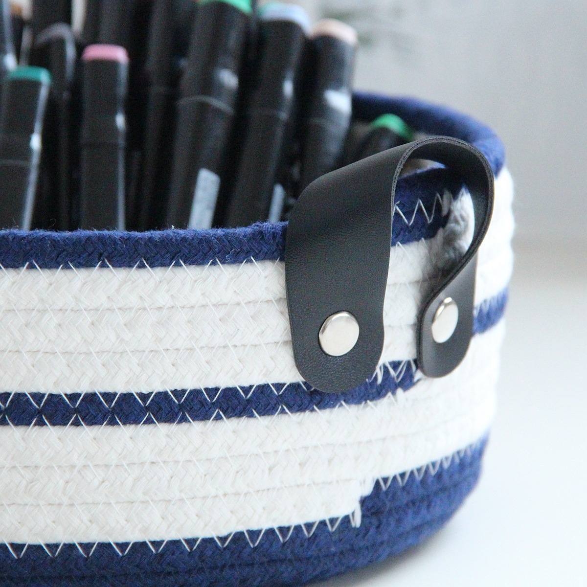 Round cotton rope woven storage basket with leather handle, InS-style desktop storage basket, cosmetics and toys storage box, Nordic style pic 26