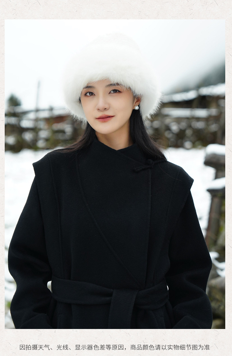 2025 New Chinese-style Australian wool Double-sided cashmere Chinese-style coat for women, mid-length black woolen wool coat with buttons pic 8