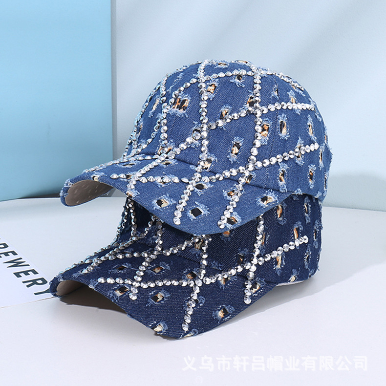 个性潮流牛仔破洞棒球帽时尚水钻菱格鸭舌帽街头潮人遮阳防晒帽子详情15