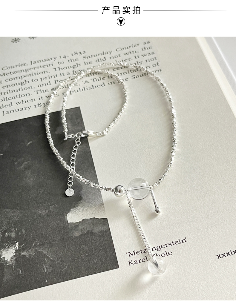 925纯银白水晶流苏碎银子项链女简约手工设计时髦个性锁骨链N0140详情5