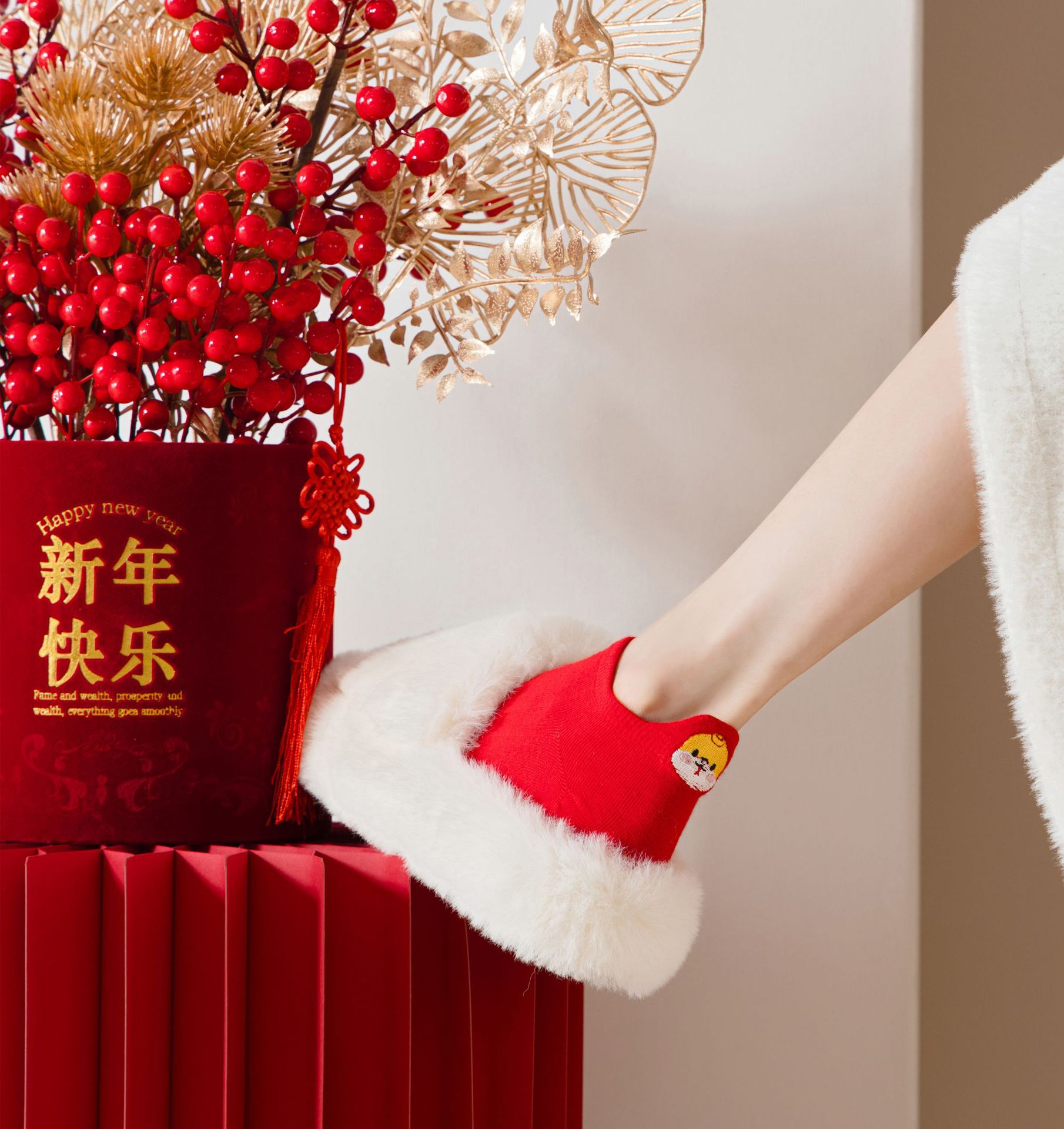 国潮国潮新款红色系新年船袜中国风提耳刺绣女棉袜喜庆旺运新年本命年袜子详情13