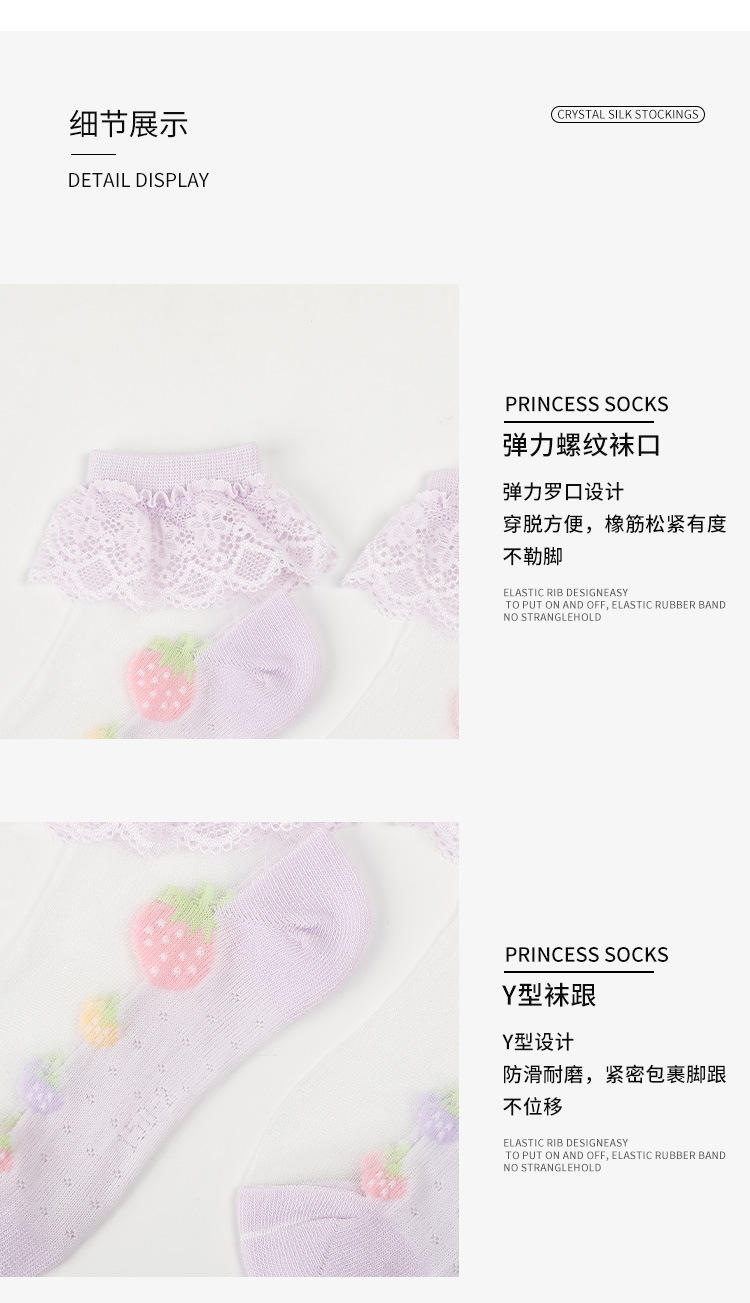 小巴兔女童袜子2022新款夏季学生儿童透气冰丝蕾丝韩版草莓水晶袜详情9