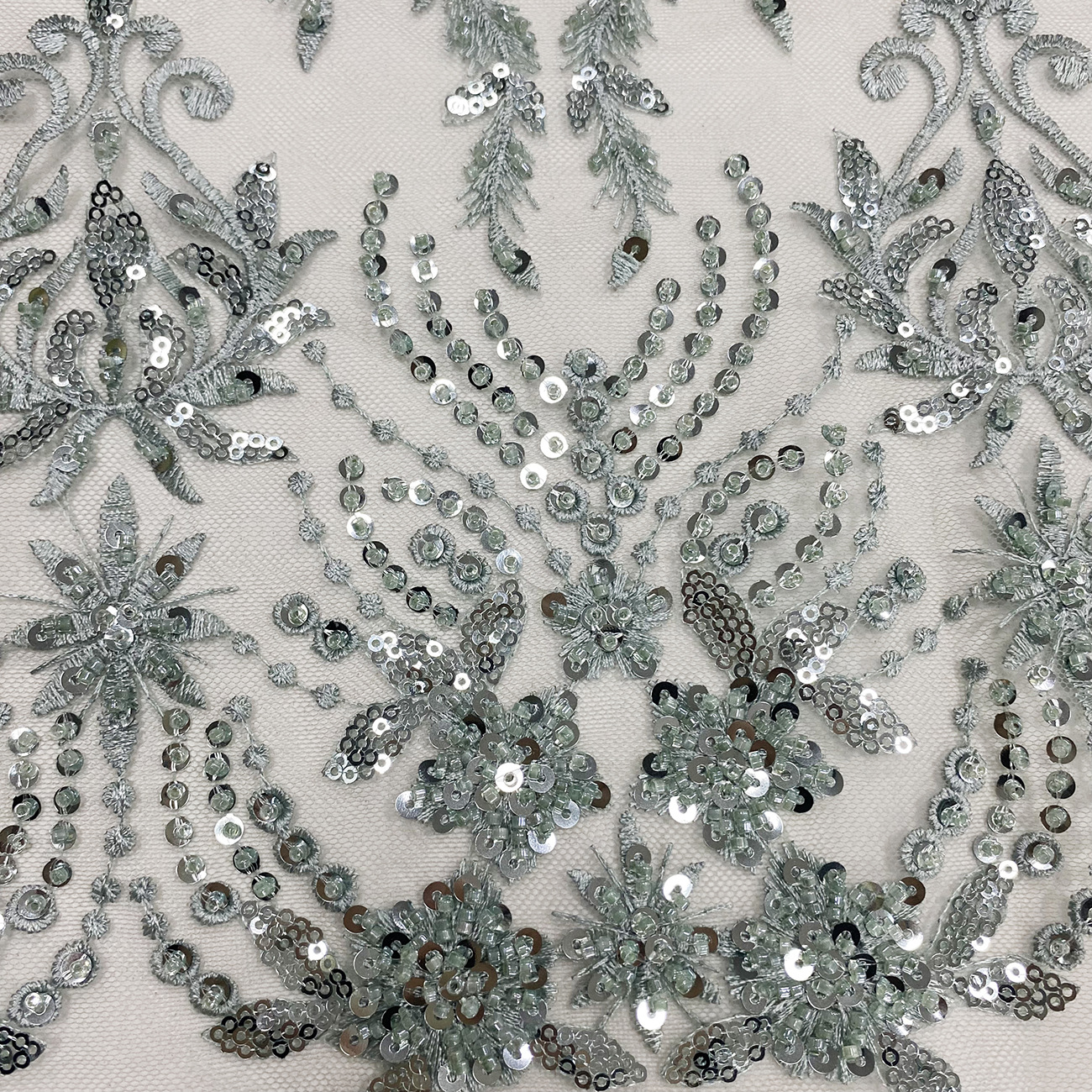 New high-end cheongsam wedding dress fabric with light green millet sequined mesh embroidery pic 3