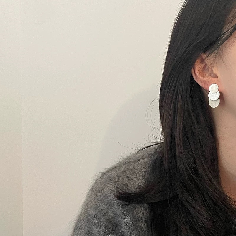 泰国小众文艺复古三层圆片拉丝耳环S925银针几何圆形叠片简约耳钉详情2