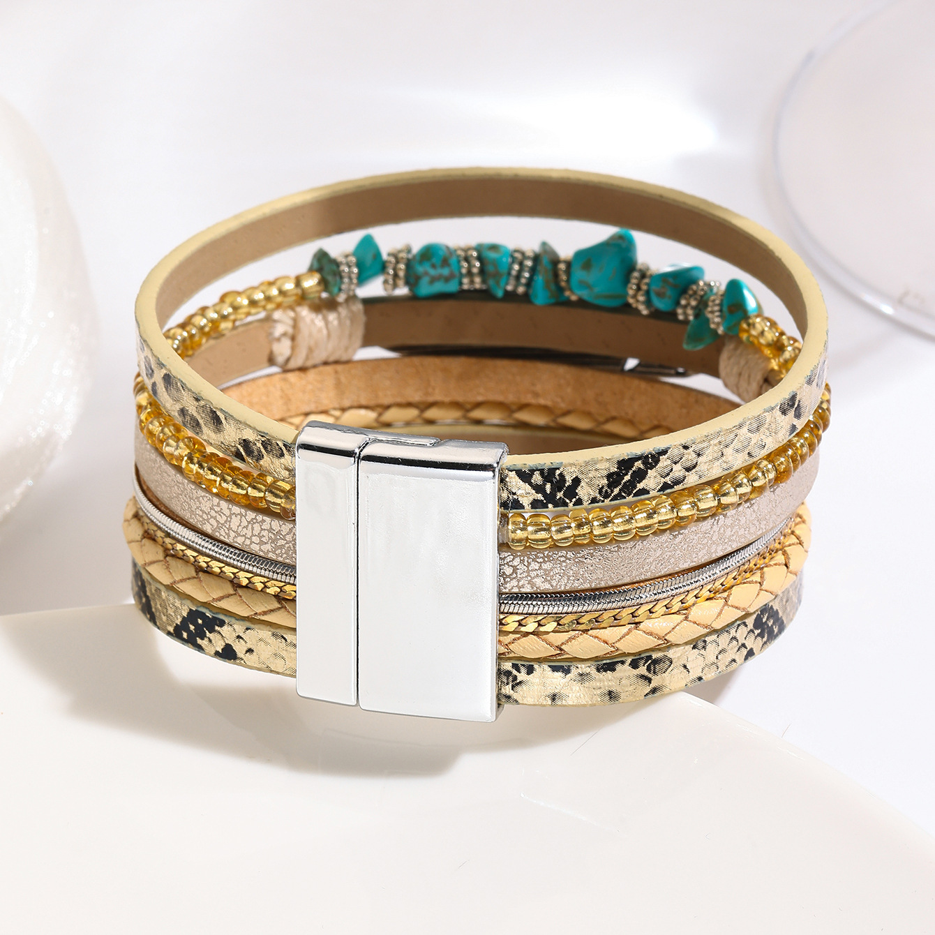 跨境翡翠波西米亚碎石羽毛手链复古绿松石磁铁扣手镯详情18