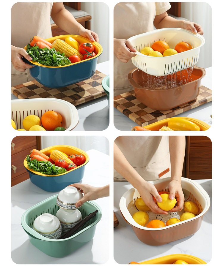 Creative household kitchen double-layer draining basket, creative fruit and vegetable washing basin, plastic multi-functional bowl and chopsticks draining pic 9