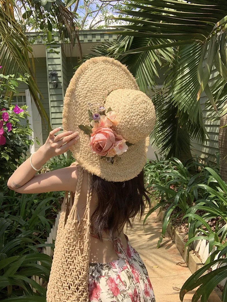 花朵手工编织拉菲草帽女夏季法式大檐遮阳防晒帽海边度假太阳帽子详情3