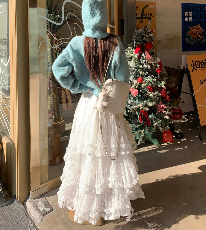 白色重工蕾丝拼接不规则网纱半身裙女秋冬高级感蛋糕裙大摆长裙子详情9