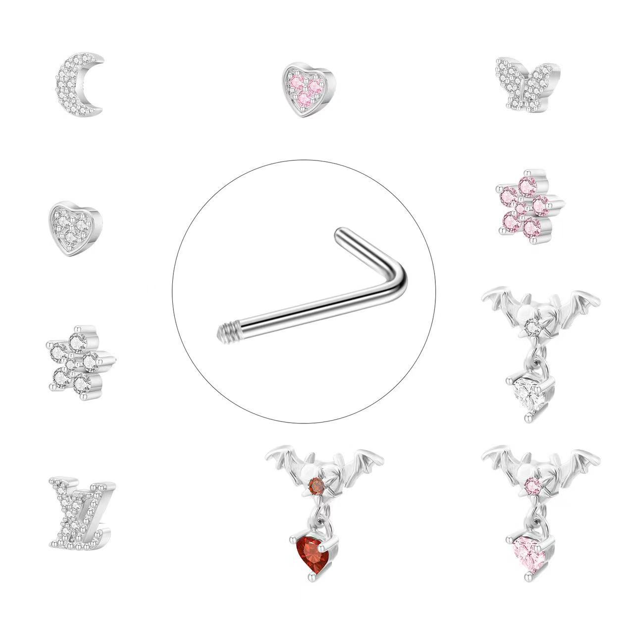 锆石吊坠鼻钉L杆蝙蝠月亮爱心蝴蝶鼻饰花朵鼻钉跨境新品穿刺饰品详情3