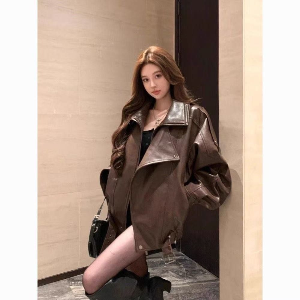 美式复古又酷又飒PU皮夹克外套女秋冬新款辣妹帅气宽松机车服上衣详情1