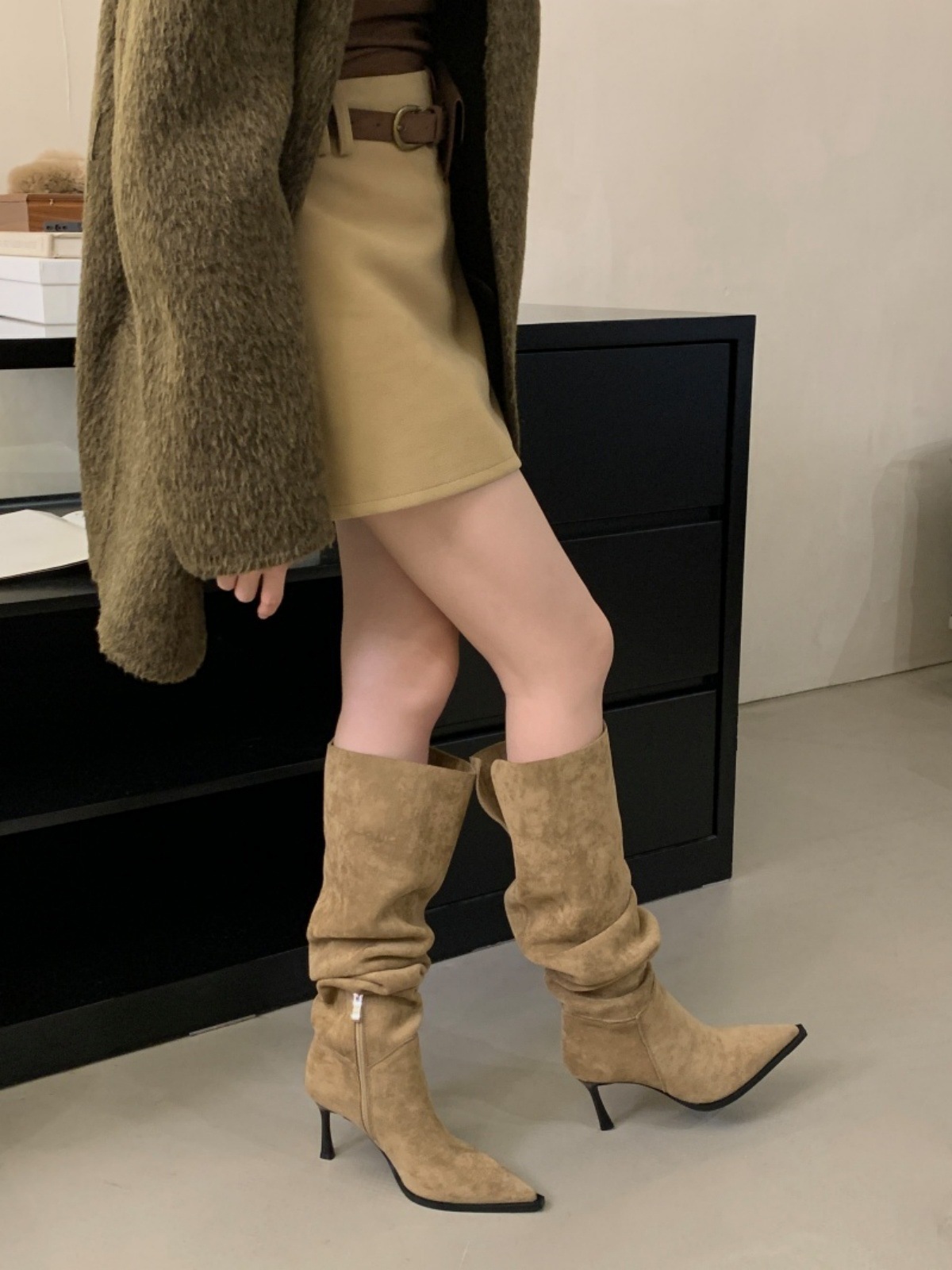 法式一靴多穿高细跟尖头堆堆过膝靴女春秋款侧拉链复古瘦瘦过膝靴详情18