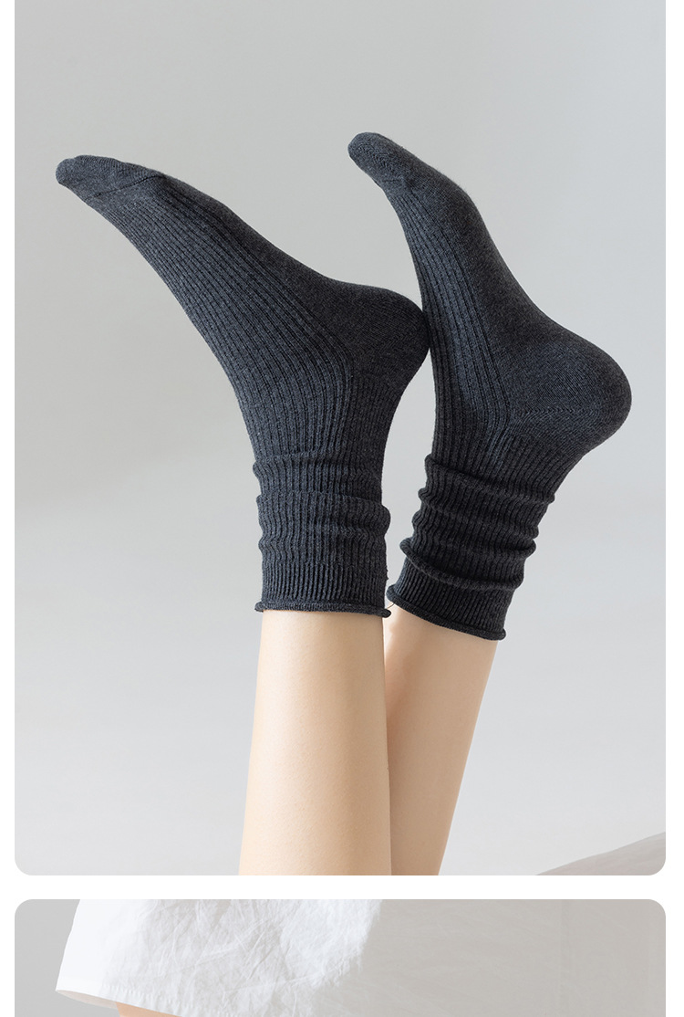 2025新款春夏季女士中筒袜 纯色卷边双针堆堆袜 运动休闲款棉质透气吸汗 批发女士棉袜详情11