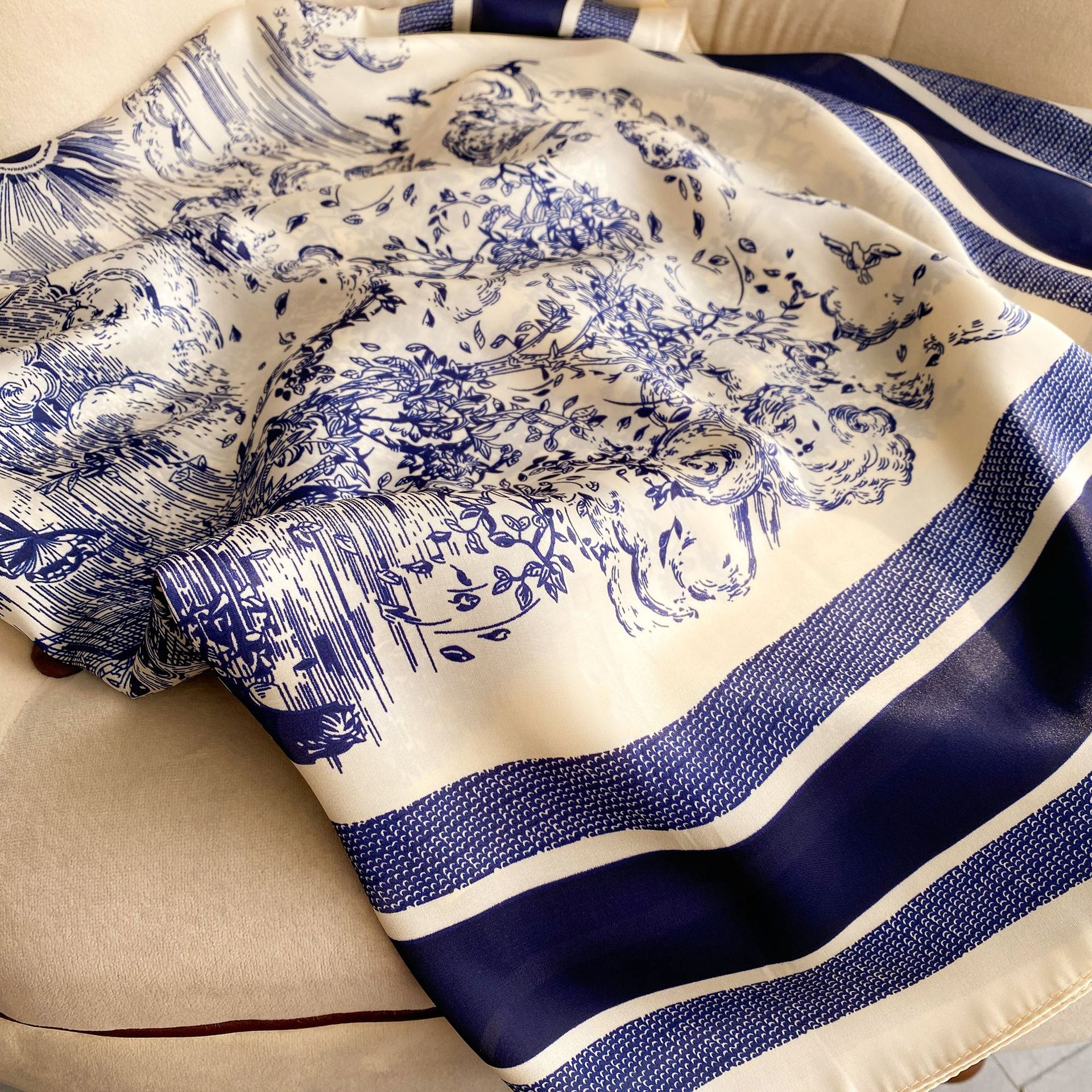 New faux silk scarf for women, 110cm plain weave large square scarf, versatile printed decorative sun protection shawl, summer wholesale pic 5