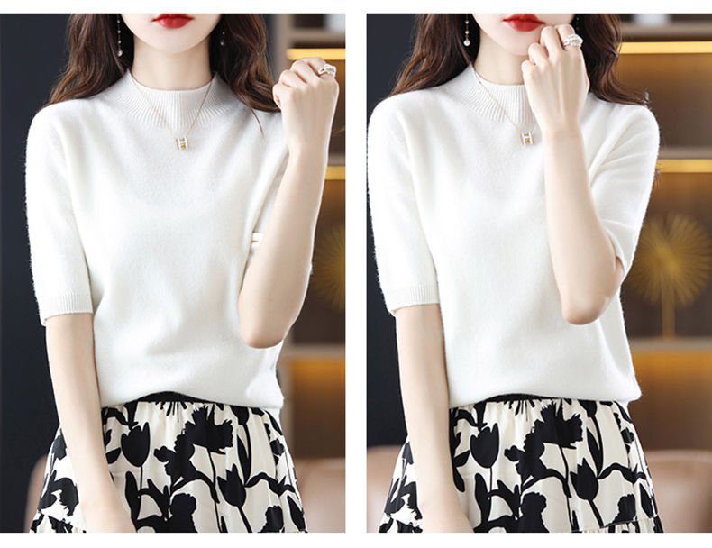 A semi-high-neck casual knitted sweater for women in spring 2023, in a solid color, paired with a half-sleeved base layer sweater T-shirt pic 37