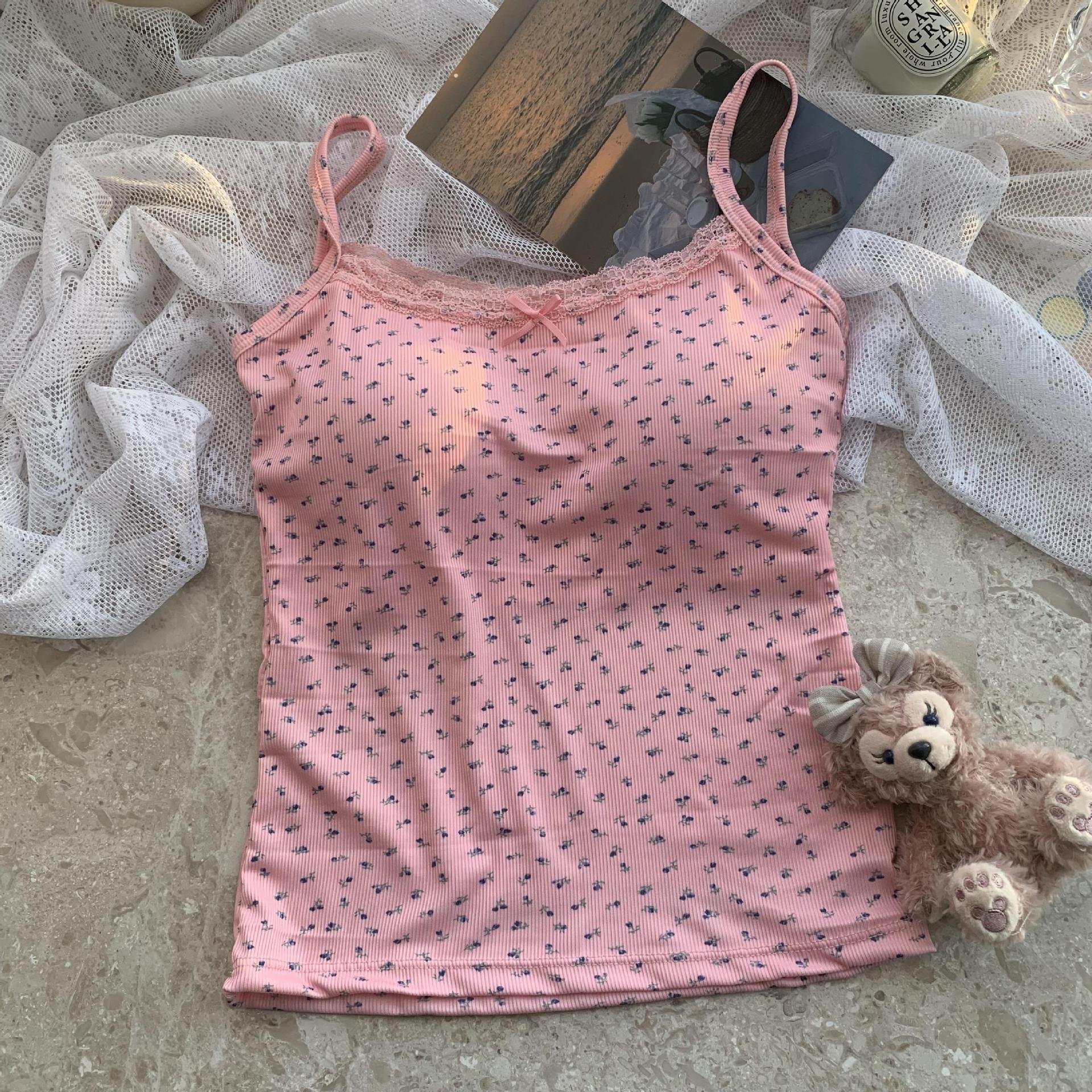 甜辣妹蓝色蕾丝边吊带小背心女夏季bm碎花内搭打底短款带胸垫上衣详情9