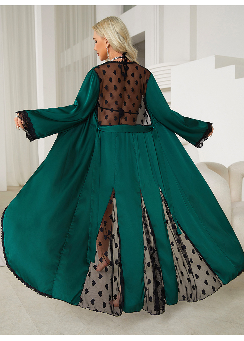 New cross-border light luxury long-sleeved V-neck satin lace patchwork long bathrobe, bathrobe and home wear for women, 657 pic 2