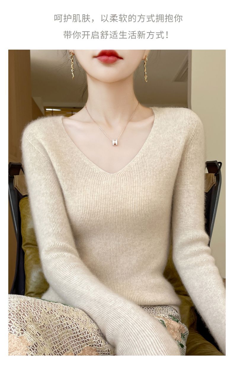 This autumn and winter new style of wool sweater features a V-neck that is slimming and versatile. It is a long-sleeved, casual and elegant sweater with a base layer of knitted sweater for women pic 11
